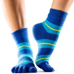 Toesox Ankle Length Full-Toe Yoga Grip Socks Blue Stripe CLOTHING