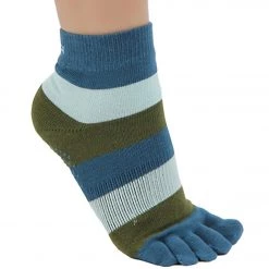 Toesox Ankle Length Full-Toe Yoga Grip Socks Green/Blue Stripe