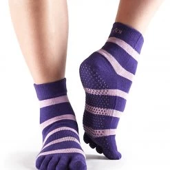 Toesox Ankle Length Full-Toe Yoga Grip Socks Purple Stripe CLOTHING