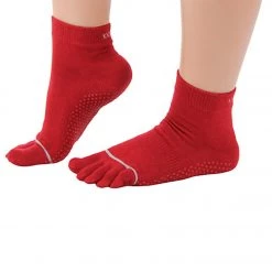Toesox Ankle Length Full-Toe Yoga Grip Socks Red