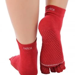 Toesox Ankle Length Full-Toe Yoga Grip Socks Red