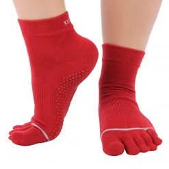 Toesox Ankle Length Full-Toe Yoga Grip Socks Red