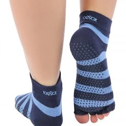 Toesox Ankle Length Half-Toe Yoga Grip Socks Blue/Blue Stripe