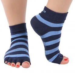 Toesox Ankle Length Half-Toe Yoga Grip Socks Blue/Blue Stripe