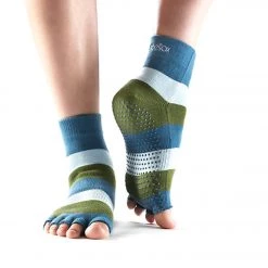 Toesox Ankle Length Half-Toe Yoga Grip Socks Green Blue Stripe
