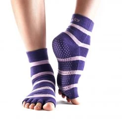Toesox Ankle Length Half-Toe Yoga Grip Socks Purple Stripe