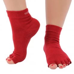 Toesox Ankle Length Half-Toe Yoga Grip Socks Red