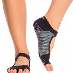 Toesox Bella Half-Toe Yoga Grip Socks Retro Black Stripe 7 Toesox Bella Half-Toe Yoga Grip Socks Retro Black Stripe