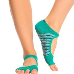 Toesox Bella Half-Toe Yoga Grip Socks Retro Emerald Stripe