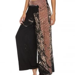 Hard Tail Flat Waist Wide Leg Yoga Pants Black/Taupe Diagonal Butterfly CLOTHING