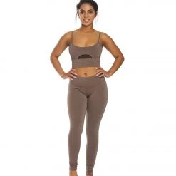 Women Hard Tail Flat Waist Cotton Ankle Yoga Leggings Mocha