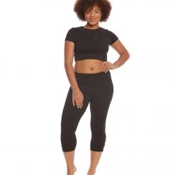 Hard Tail Plus Size Flat Waist Cage Cotton Yoga Capris Black CLOTHING