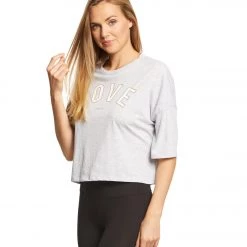 Betsey Johnson Performance LOVE Distressed Boxy Tee Light Heather Gray CLOTHING