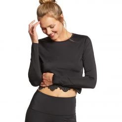 Beyond Yoga Cruz Scalloped Cropped Long Sleeve Top Black