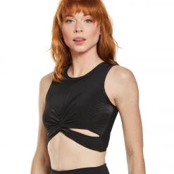 Onzie Front Twist Yoga Crop Top Black Rib CLOTHING