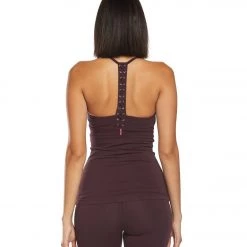 Hard Tail Back Laced Halter Support Tank Top Red Plum CLOTHING