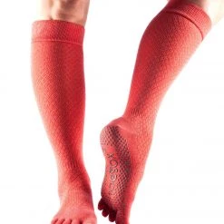 Toesox Knee High Scrunch Full-Toe Yoga Grip Socks Fishnet Poppy