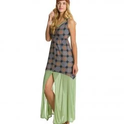Yak & Yeti Journey Print Front Slit Maxi Gray/Olive