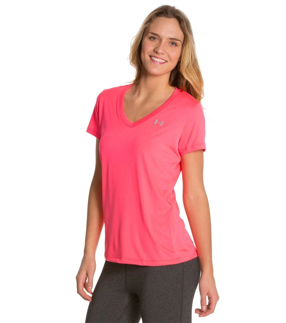 Under Armour Women's Tech V-Neck Shirt Pink Shock/Metallic Silver 4 Under Armour Women's Tech V-Neck Shirt Pink Shock/Metallic Silver