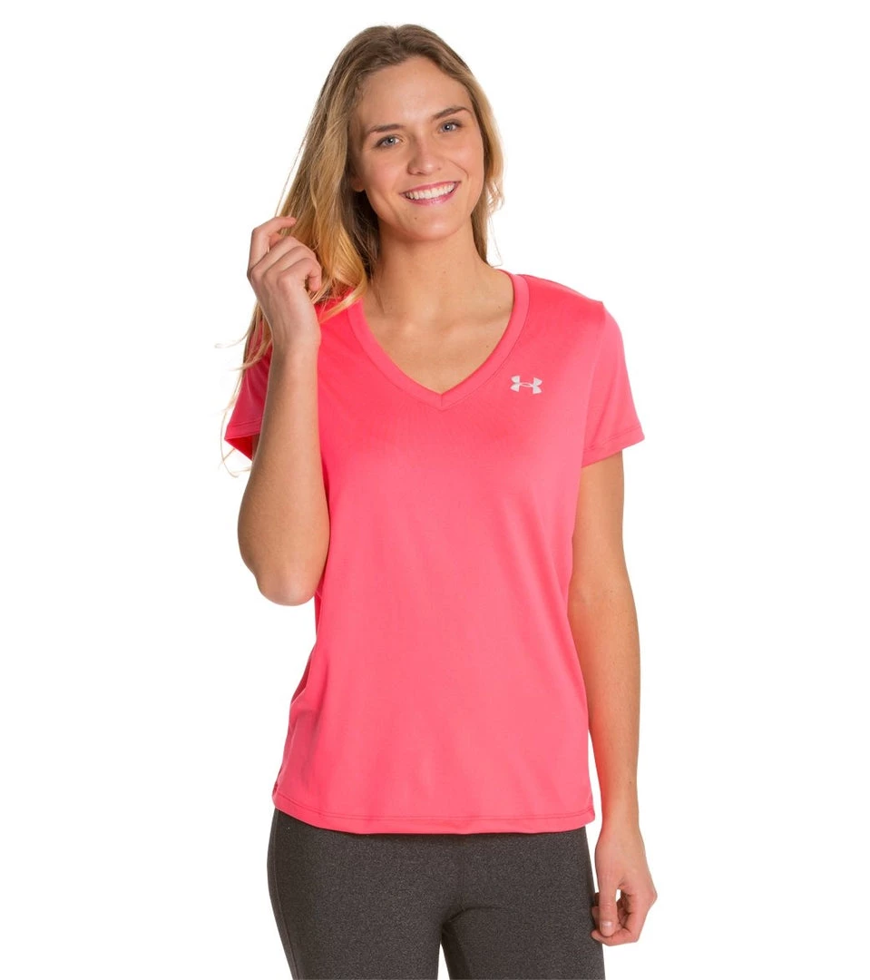Under Armour Women's Tech V-Neck Shirt Pink Shock/Metallic Silver 8 Under Armour Women's Tech V-Neck Shirt Pink Shock/Metallic Silver
