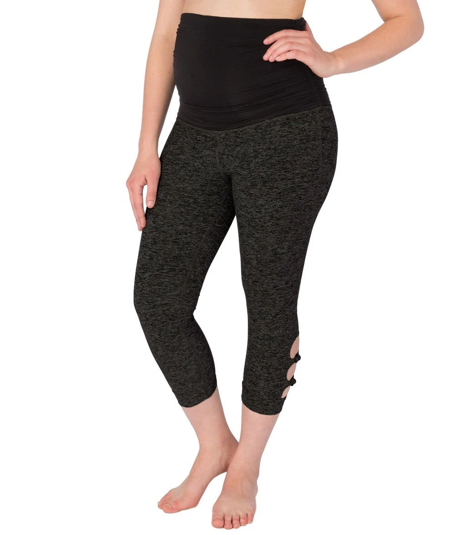 Beyond Yoga: Beyond The Bump Spacedye Maternity Circle Cut-Out Yoga Capris Black-Steel CLOTHING 3 Beyond Yoga: Beyond The Bump Spacedye Maternity Circle Cut-Out Yoga Capris Black-Steel CLOTHING