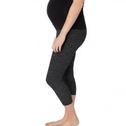 Beyond Yoga: Beyond The Bump Spacedye Fold Down Maternity Yoga Capris Black-Steel