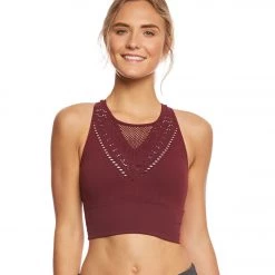 Betsey Johnson Mesh Mapped Extended Seamless Yoga Crop Bra Cabernet Hooray CLOTHING