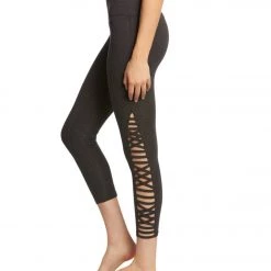 Betsey Johnson Performance Criss Cross Straight Strap 7/8 Yoga Leggings Charcoal Heather Grey