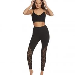 CLOTHING Beyond Yoga High Cut Lace High Waisted 7/8 Yoga Leggings Jet Black 12 CLOTHING Beyond Yoga High Cut Lace High Waisted 7/8 Yoga Leggings Jet Black