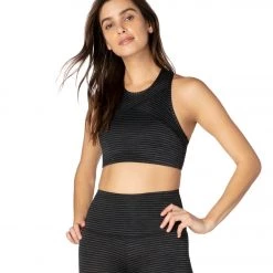 Beyond Yoga Out Of Line Racerback Yoga Sports Bra Black Heather Surf Stripe CLOTHING