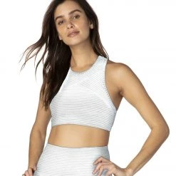 Beyond Yoga Out Of Line Racerback Yoga Sports Bra White Heather Surf Stripe CLOTHING