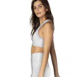 Beyond Yoga Out Of Line Racerback Yoga Sports Bra White Heather Surf Stripe CLOTHING