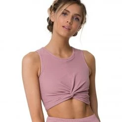 Onzie Front Twist Yoga Crop Top Antique Rose Rib CLOTHING
