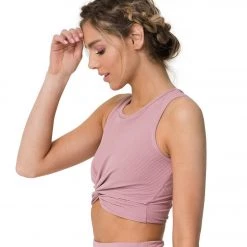Onzie Front Twist Yoga Crop Top Antique Rose Rib CLOTHING