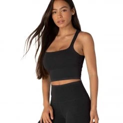Beyond Yoga Heather Rib Square Neck Cropped Yoga Tank Top Black