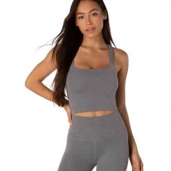 Beyond Yoga Heather Rib Square Neck Cropped Yoga Tank Top Gray Heather CLOTHING
