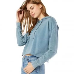 Beyond Yoga Hey Chambray Washed Terry Cropped Hoodie Washed Stormy Blue CLOTHING