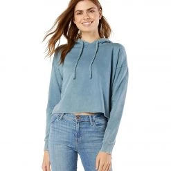 Beyond Yoga Hey Chambray Washed Terry Cropped Hoodie Washed Stormy Blue CLOTHING