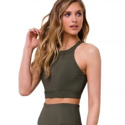 CLOTHING Onzie High Neck Ribbed Yoga Crop Top OLIVE RIB