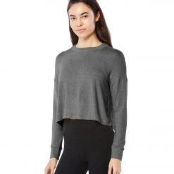 Beyond Yoga Luxe Lounger Brushed Up Cropped Pullover Mid-Heather Gray CLOTHING