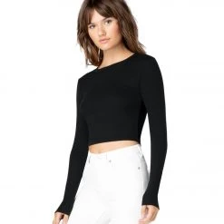 Beyond Yoga Rib Knit Jersey Keep In Line Cropped Pullover Black