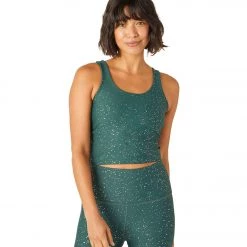 CLOTHING Beyond Yoga Keep It Simple Cropped Yoga Tank Hunter Green Antique Gold Sparkle