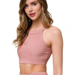 Onzie High Neck Ribbed Yoga Crop Top Fawn Rib CLOTHING