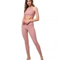 Onzie High Neck Ribbed Yoga Crop Top Fawn Rib CLOTHING