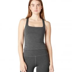 Beyond Yoga Heather Rib Square Neck Yoga Tank Smoke Gray Heather