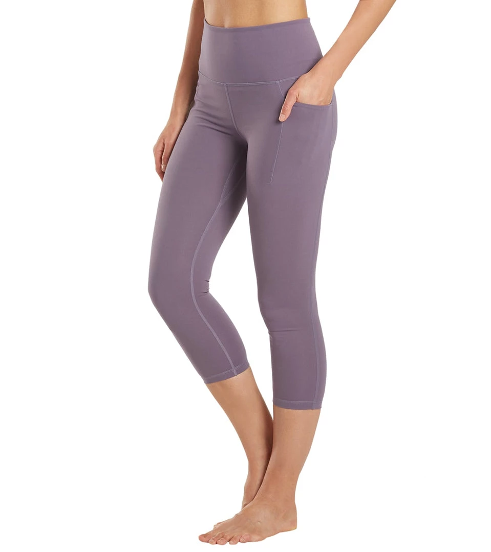 Everyday Yoga Uphold Solid High Waisted Capri Leggings With Pockets 21" Purple Taupe CLOTHING 7 Everyday Yoga Uphold Solid High Waisted Capri Leggings With Pockets 21" Purple Taupe CLOTHING