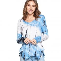 Yak & Yeti Top Tie Dye Ruffled Hem Long Sleeves Blue CLOTHING