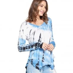 Yak & Yeti Top Tie Dye Ruffled Hem Long Sleeves Blue CLOTHING