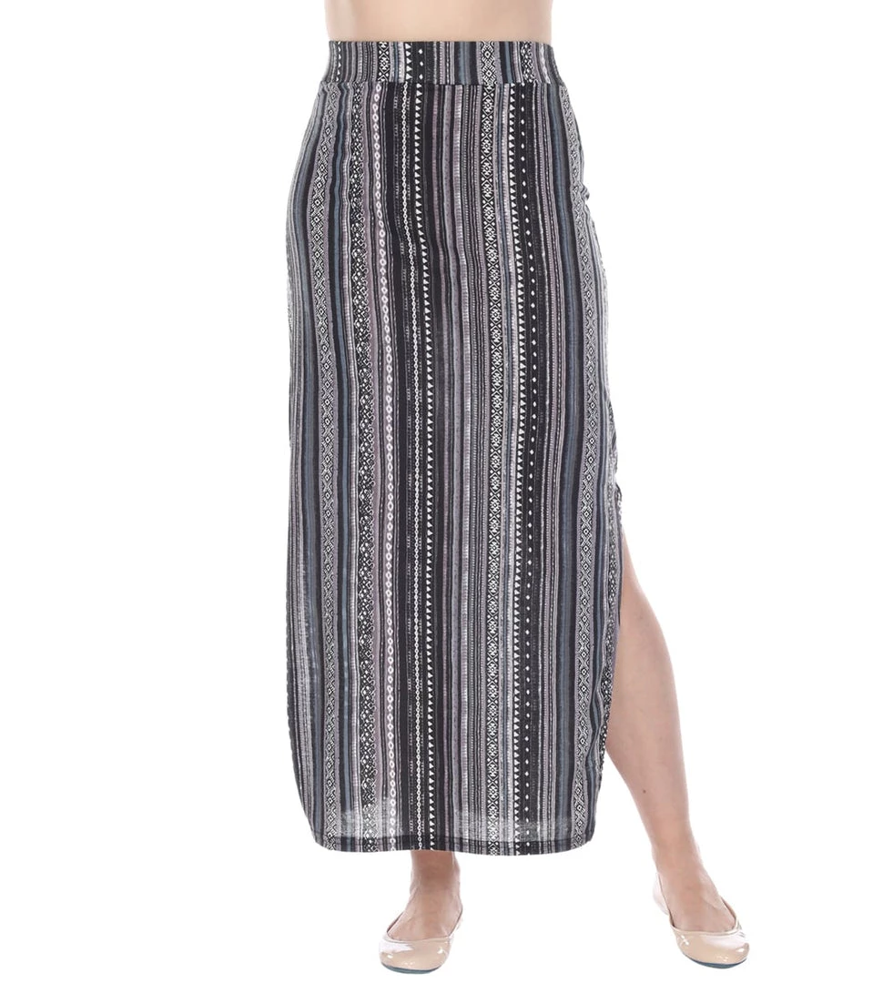 Yak & Yeti Long Skirt Stretchy Striped Tribal Print Black/Gray 3 Yak & Yeti Long Skirt Stretchy Striped Tribal Print Black/Gray