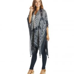 Yak & Yeti Kimono Wrap Mantra Floral With Tassels Black
